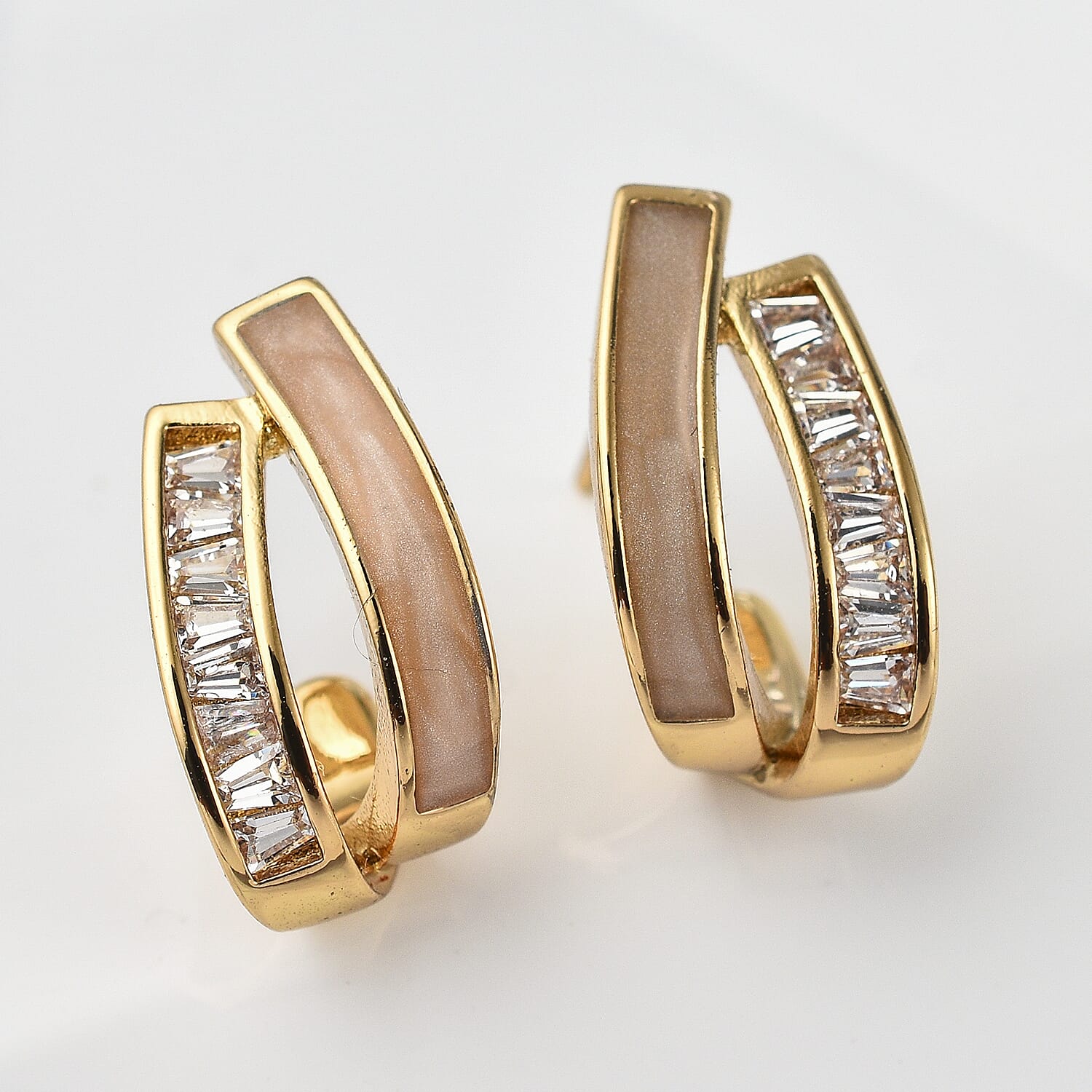 Simulated Diamond Double-Layered Shell Earrings in Yellow Gold Tone