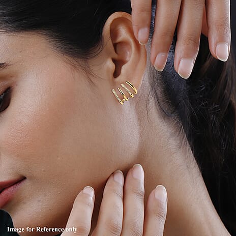 Simulated Diamond 4 Claw Cuff Earrings in Yellow Gold Tone