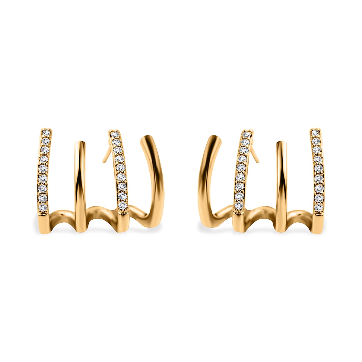 Simulated Diamond 4 Claw Cuff Earrings in Yellow Gold Tone