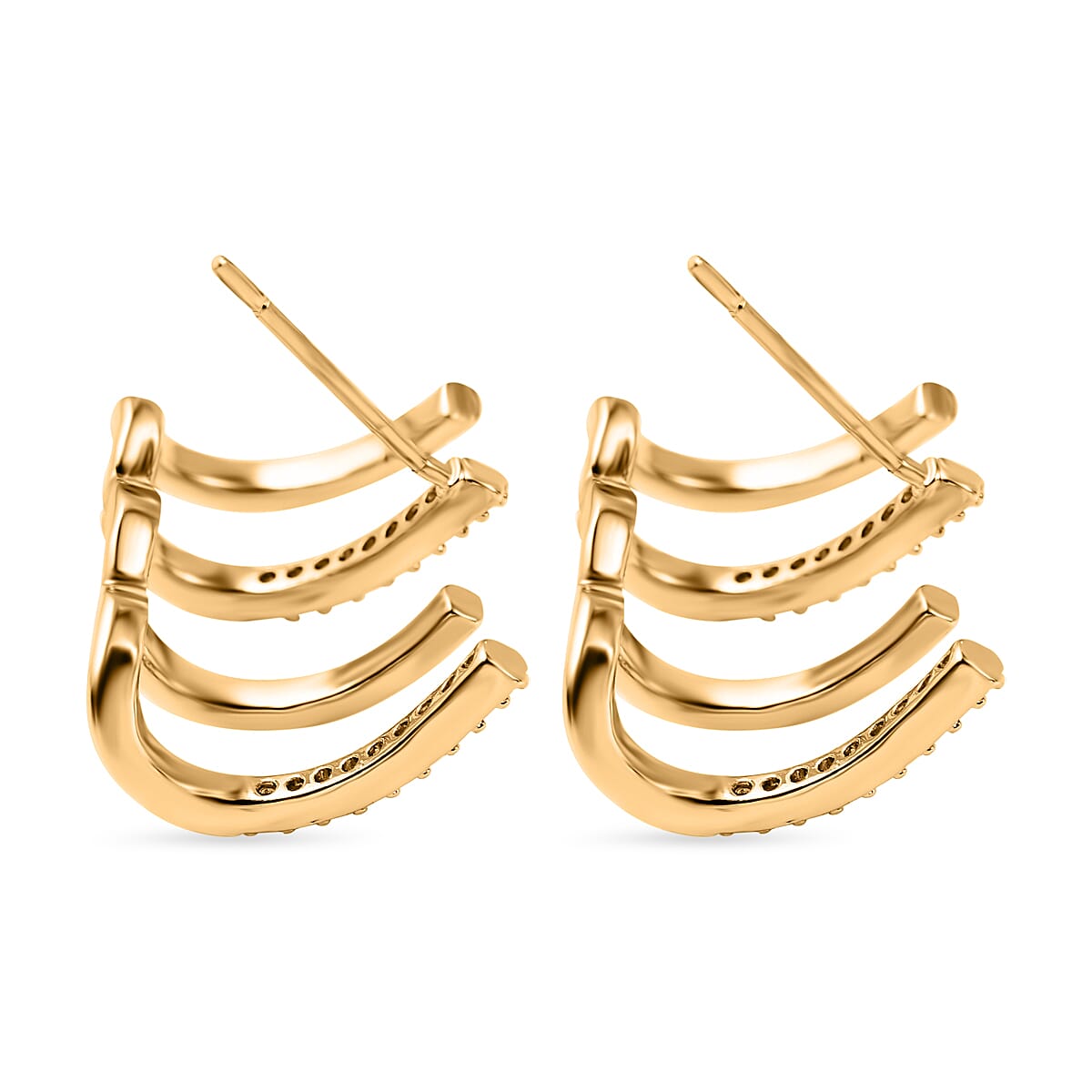 Simulated Diamond 4 Claw Cuff Earrings in Yellow Gold Tone