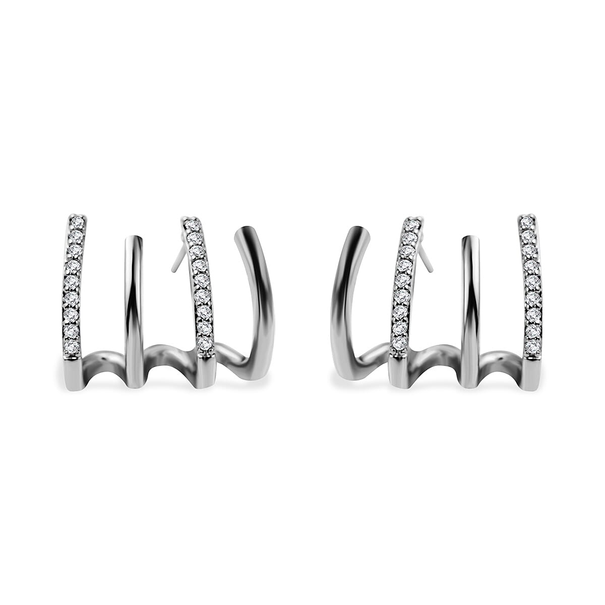 Simulated Diamond 4 Claw Cuff Earrings in Silver Tone