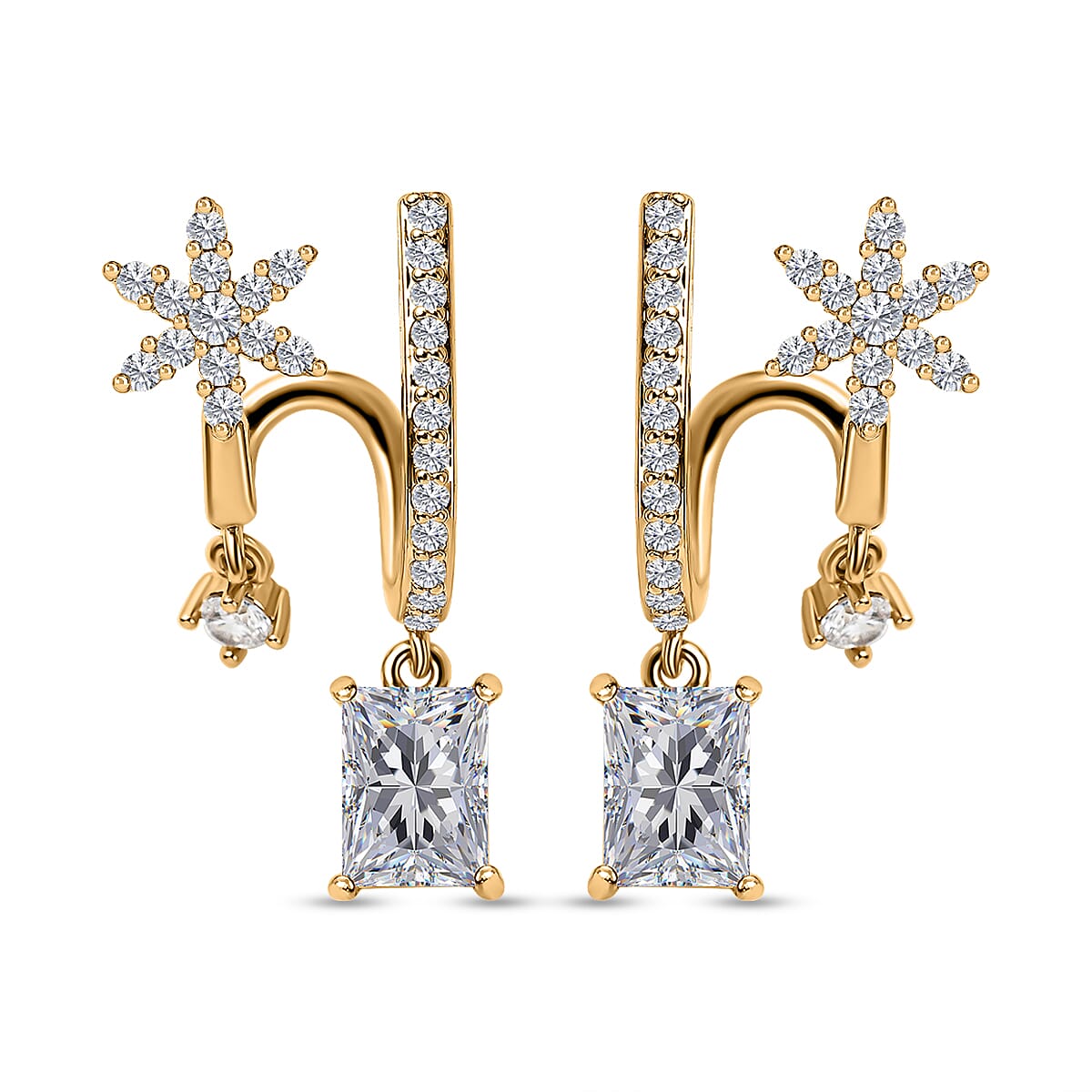 Simulated Diamond Double-Layered Floral Earrings in Yellow Gold Tone