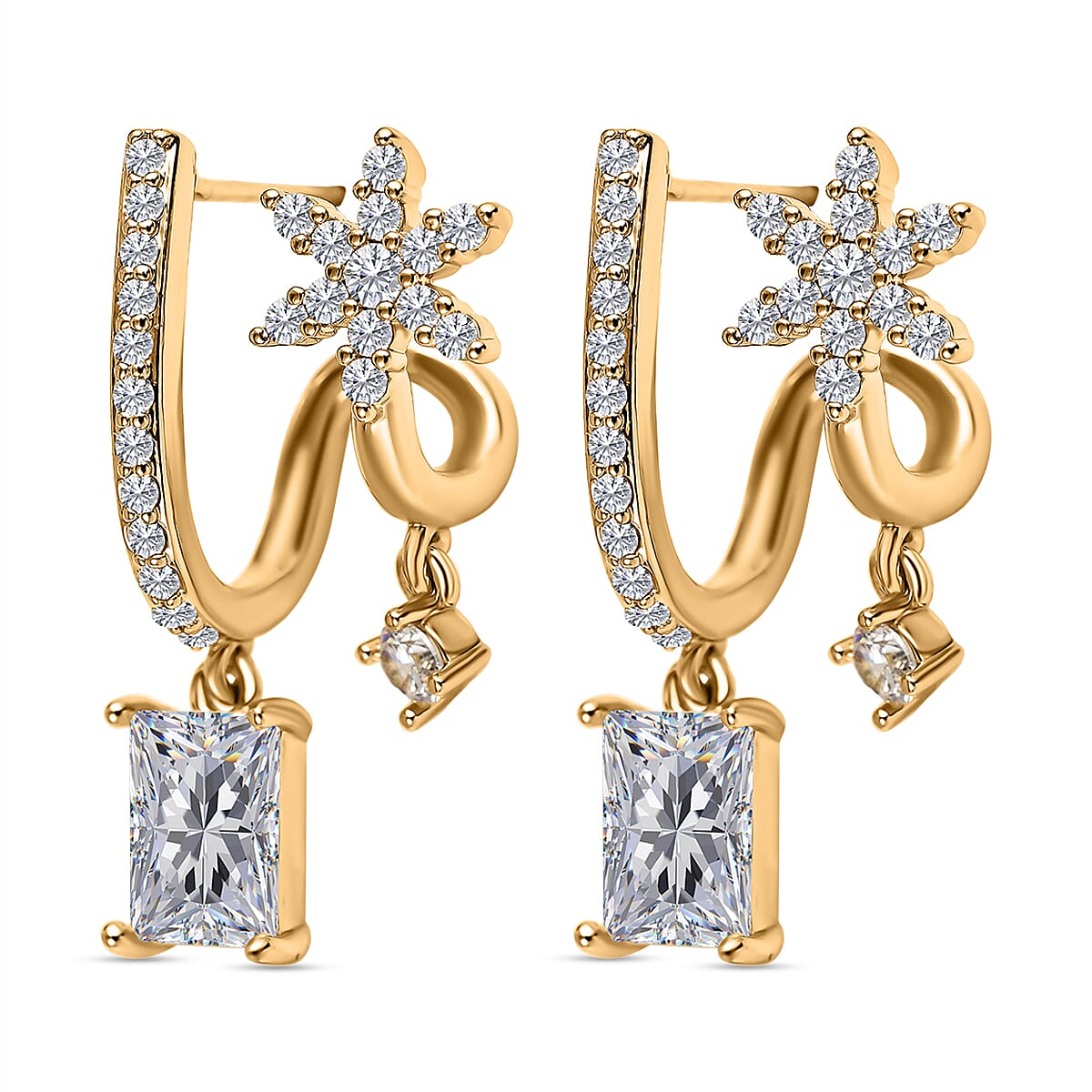 Simulated Diamond Double-Layered Floral Earrings in Yellow Gold Tone