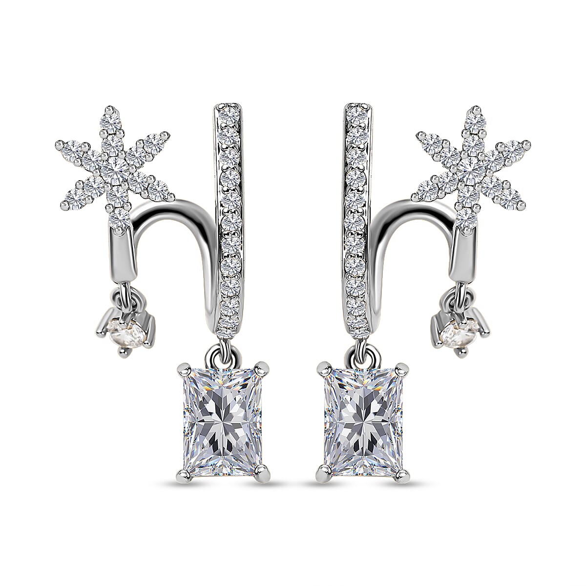 Simulated Diamond Double-Layered Floral Earrings in Silver Tone