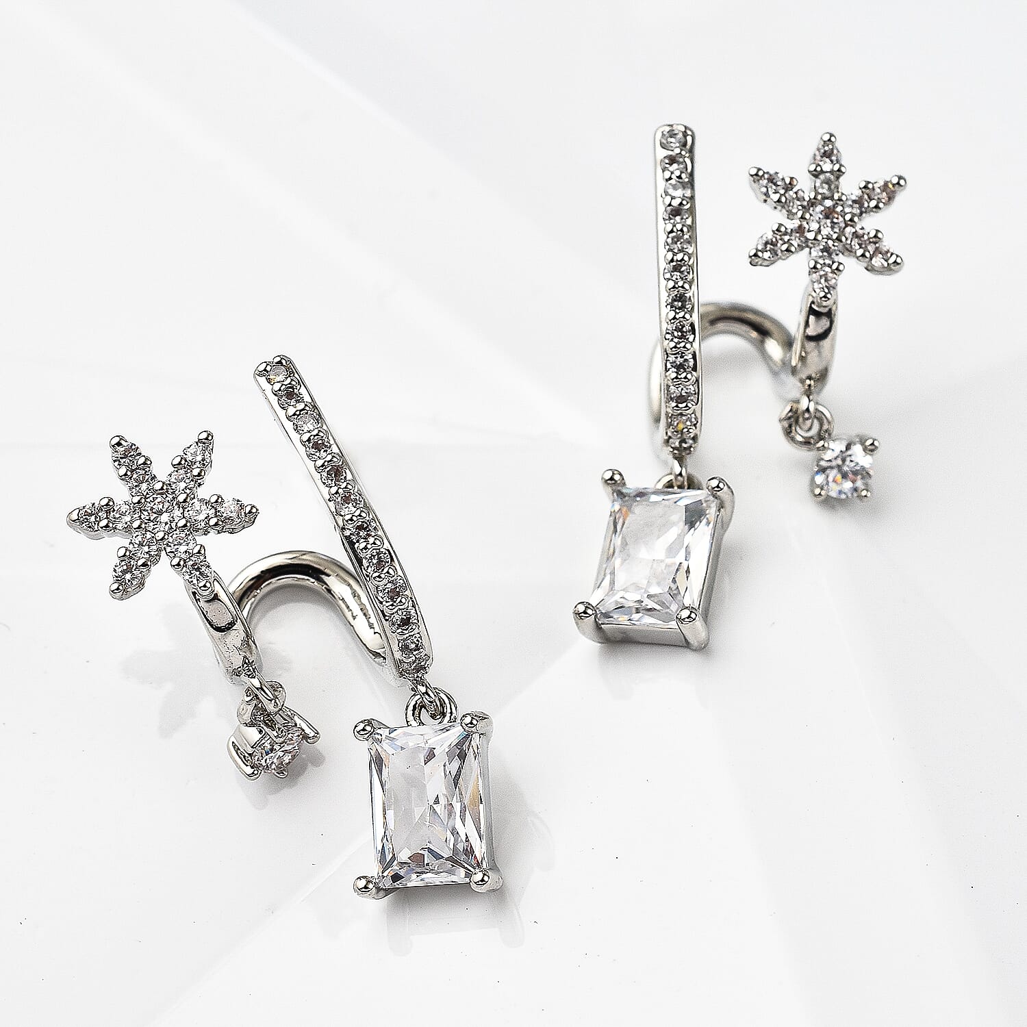 Simulated Diamond Double-Layered Floral Earrings in Silver Tone