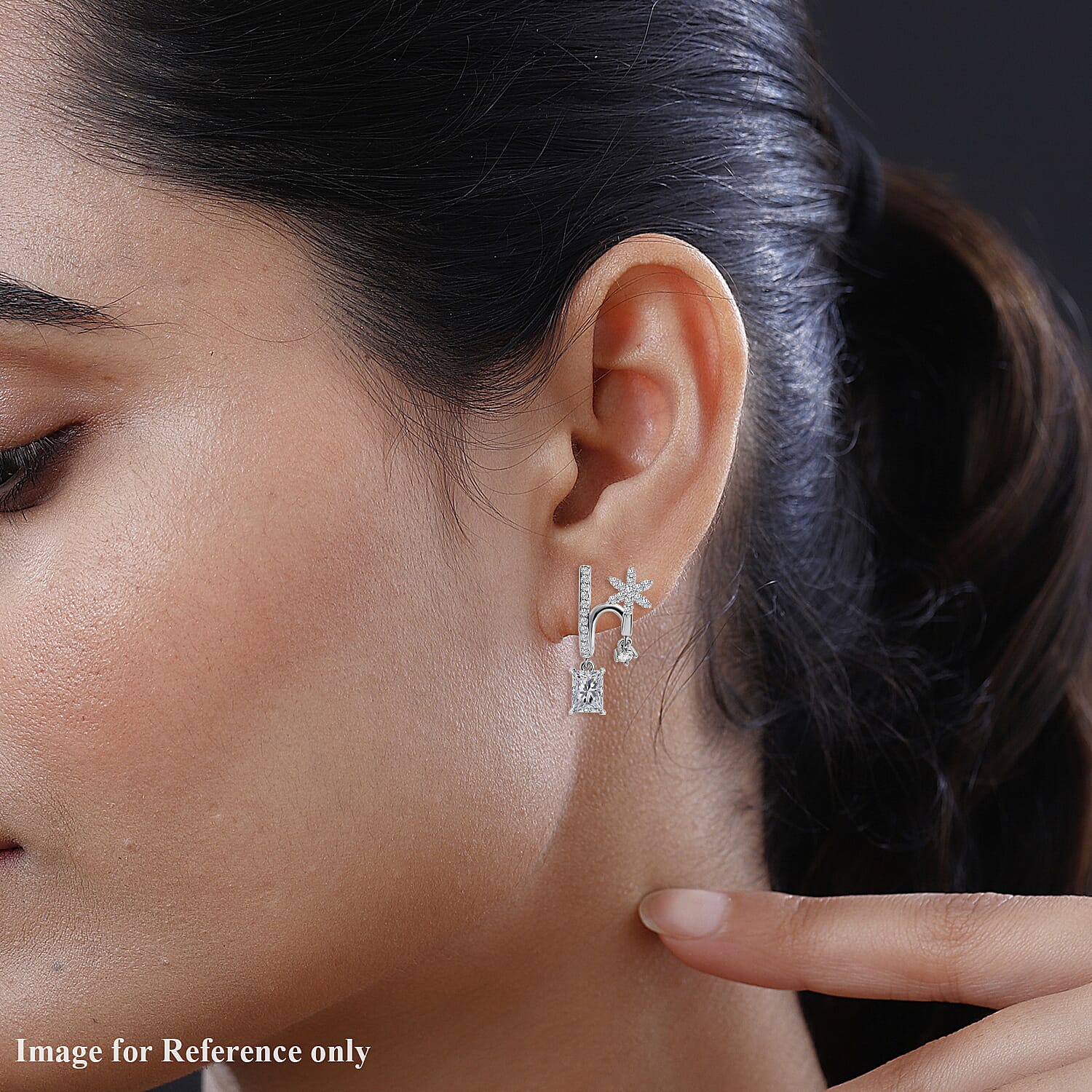 Simulated Diamond Double-Layered Floral Earrings in Silver Tone