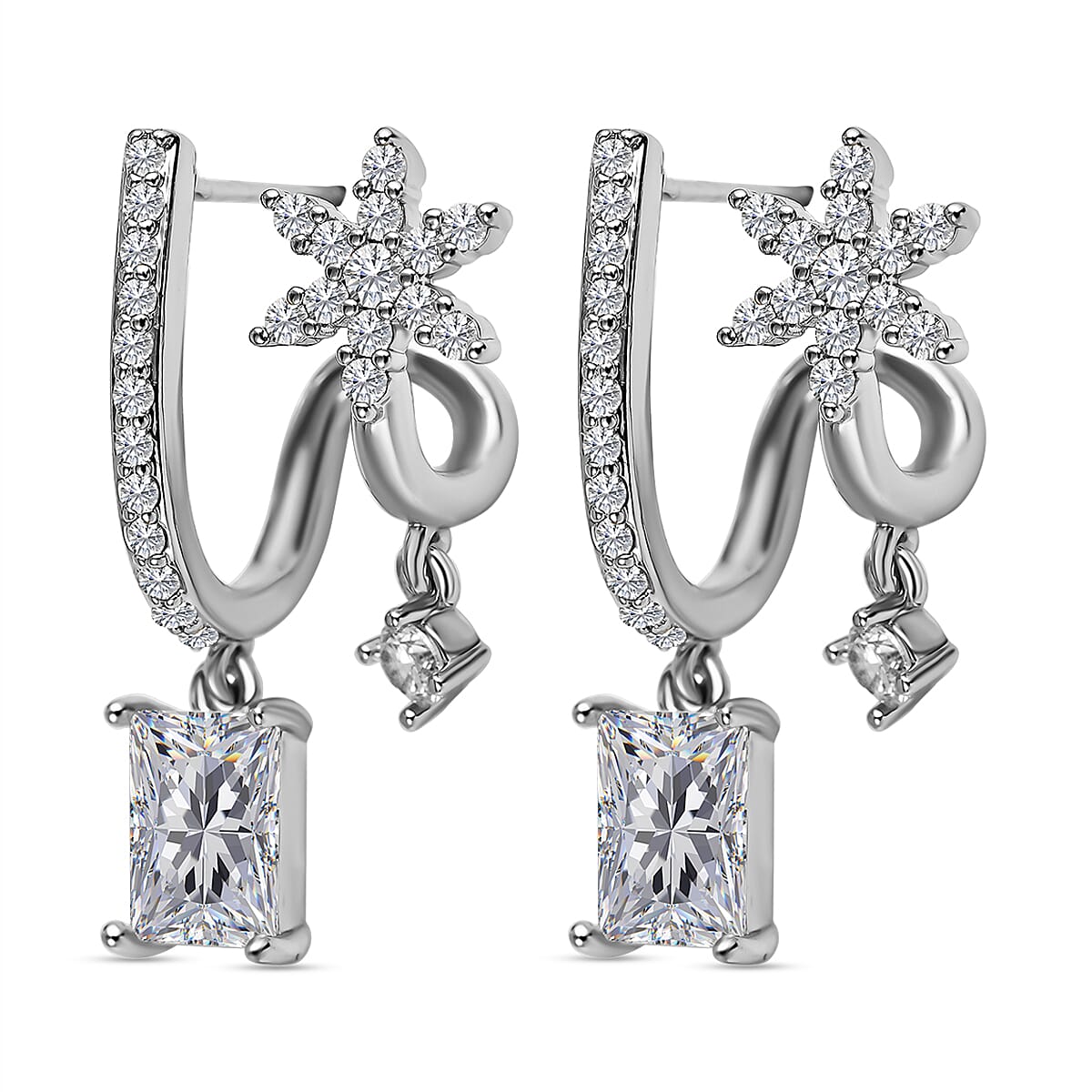 Simulated Diamond Double-Layered Floral Earrings in Silver Tone