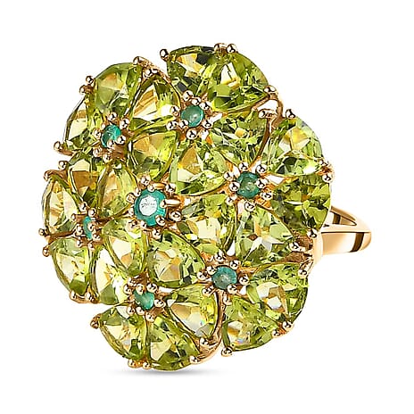 Hebei Peridot & Emerald Cluster Floral Ring in 18K Vermeil Yellow Gold Plated Sterling Silver 10.78 Ct.