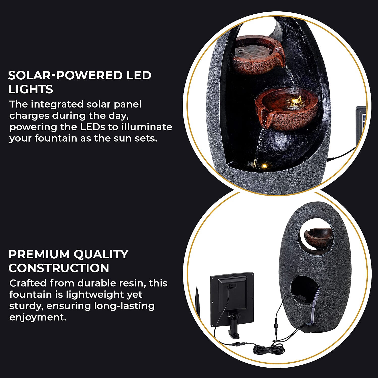 Solar Cascading Fountain with LED Light - Grey