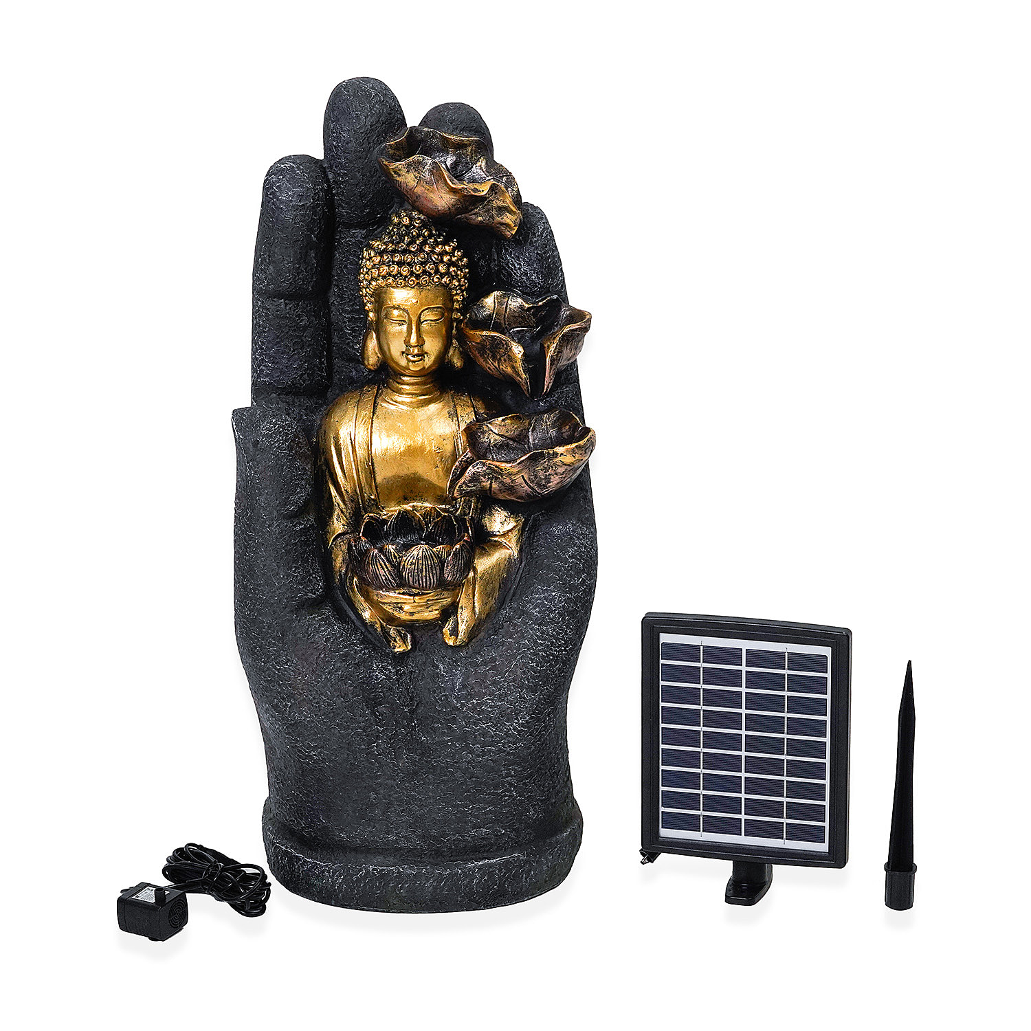 Solar Buddha with Lotus Flower Fountain and LED Light  - Grey