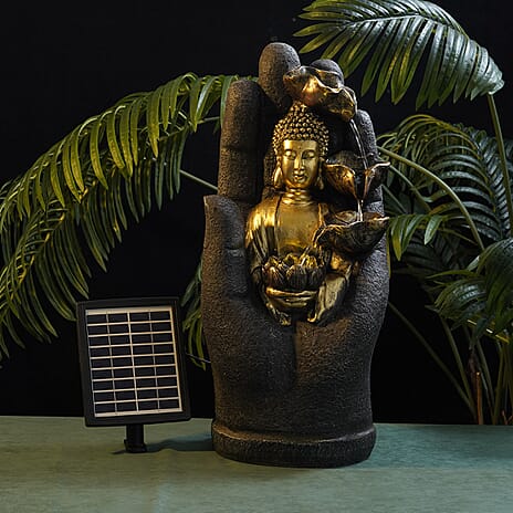 Solar Buddha with Lotus Flower Fountain & LED Light  - Grey