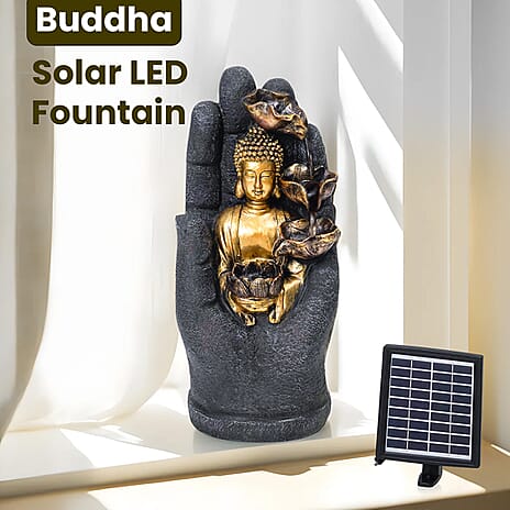 Solar Buddha with Lotus Flower Fountain & LED Light  - Grey