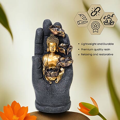 Solar Buddha with Lotus Flower Fountain & LED Light  - Grey