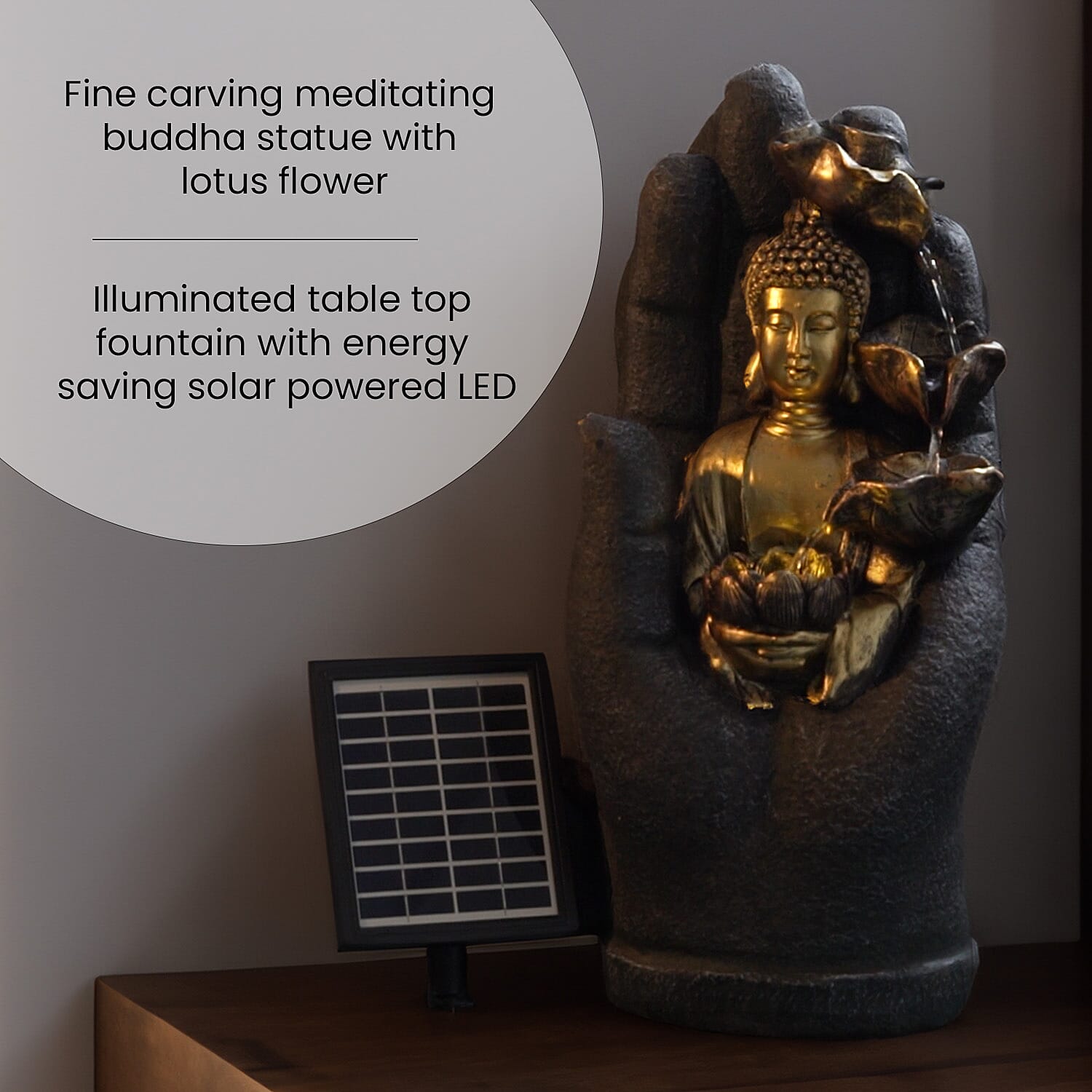 Solar Buddha with Lotus Flower Fountain & LED Light - Grey Solar Buddha with Lotus Flower Fountain & LED Light - Grey