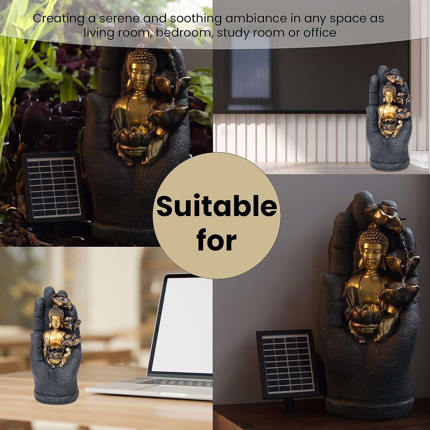 Solar Buddha with Lotus Flower Fountain & LED Light - Grey Solar Buddha with Lotus Flower Fountain & LED Light - Grey