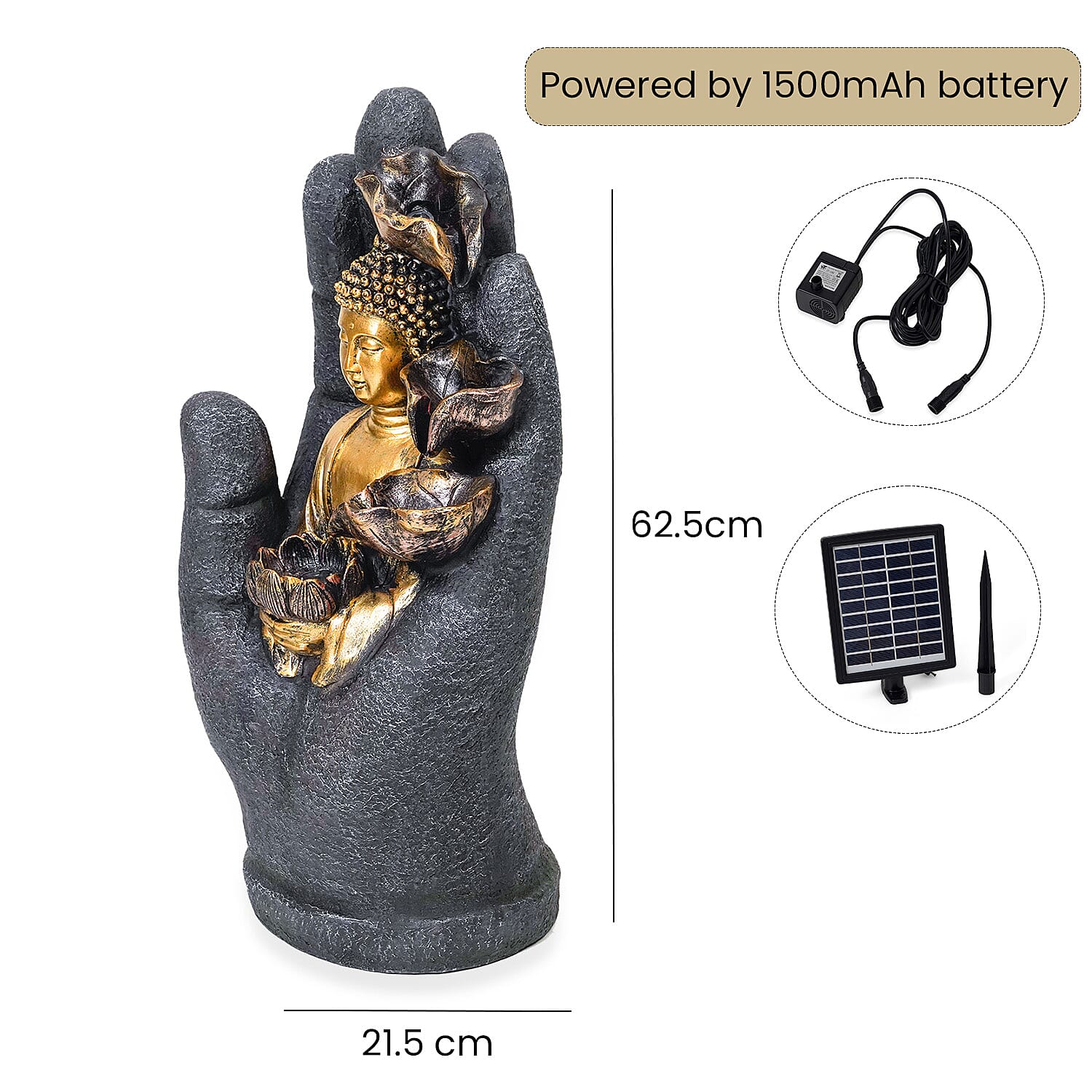 Solar Buddha with Lotus Flower Fountain & LED Light - Grey Solar Buddha with Lotus Flower Fountain & LED Light - Grey