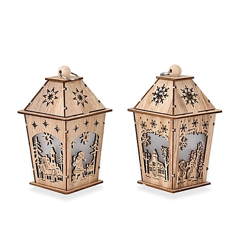 Set of 2 Plywood Lanterns With 1 Warm LED Light (Battery Operated, 2xLR44 Incl.)