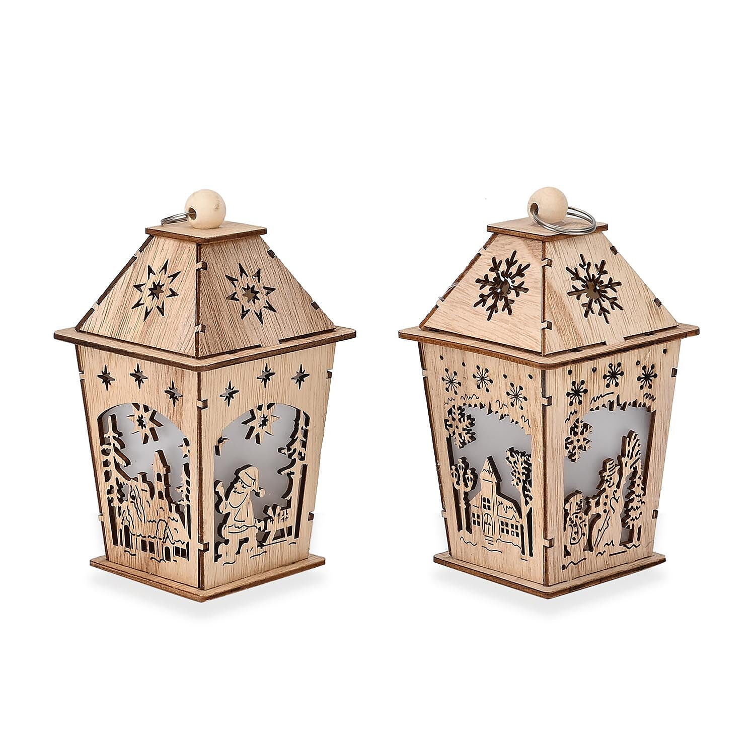 Set of 2 Plywood Lanterns With 1 Warm LED Light (Battery Operated, 2xLR44 Incl.)