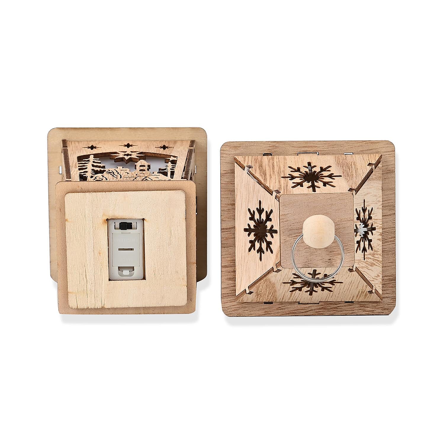 Set of 2 Plywood Lanterns With 1 Warm LED Light (Battery Operated, 2xLR44 Incl.)