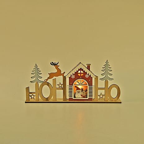 Plywood Table Decor Christmas House with 2 LED Lights (2xAAA Batteries Not Inc.)