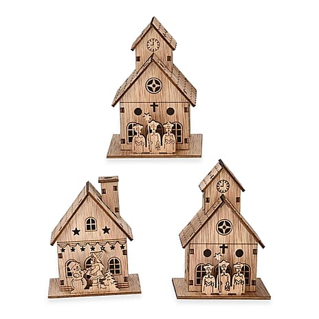 Set of 3 Wooden House with Warm White LED Light (Powered with CR2032 Battery)