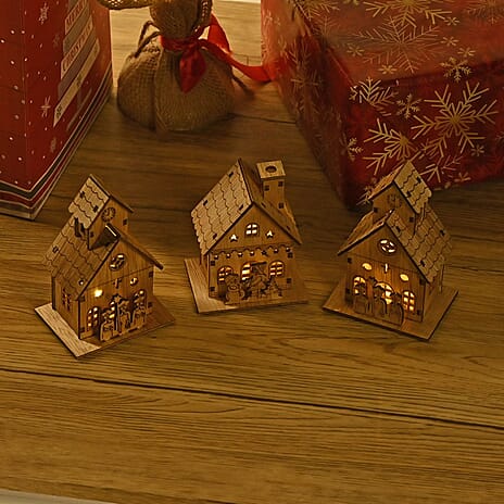 Set of 3 Wooden House with Warm White LED Light (Powered with CR2032 Battery)