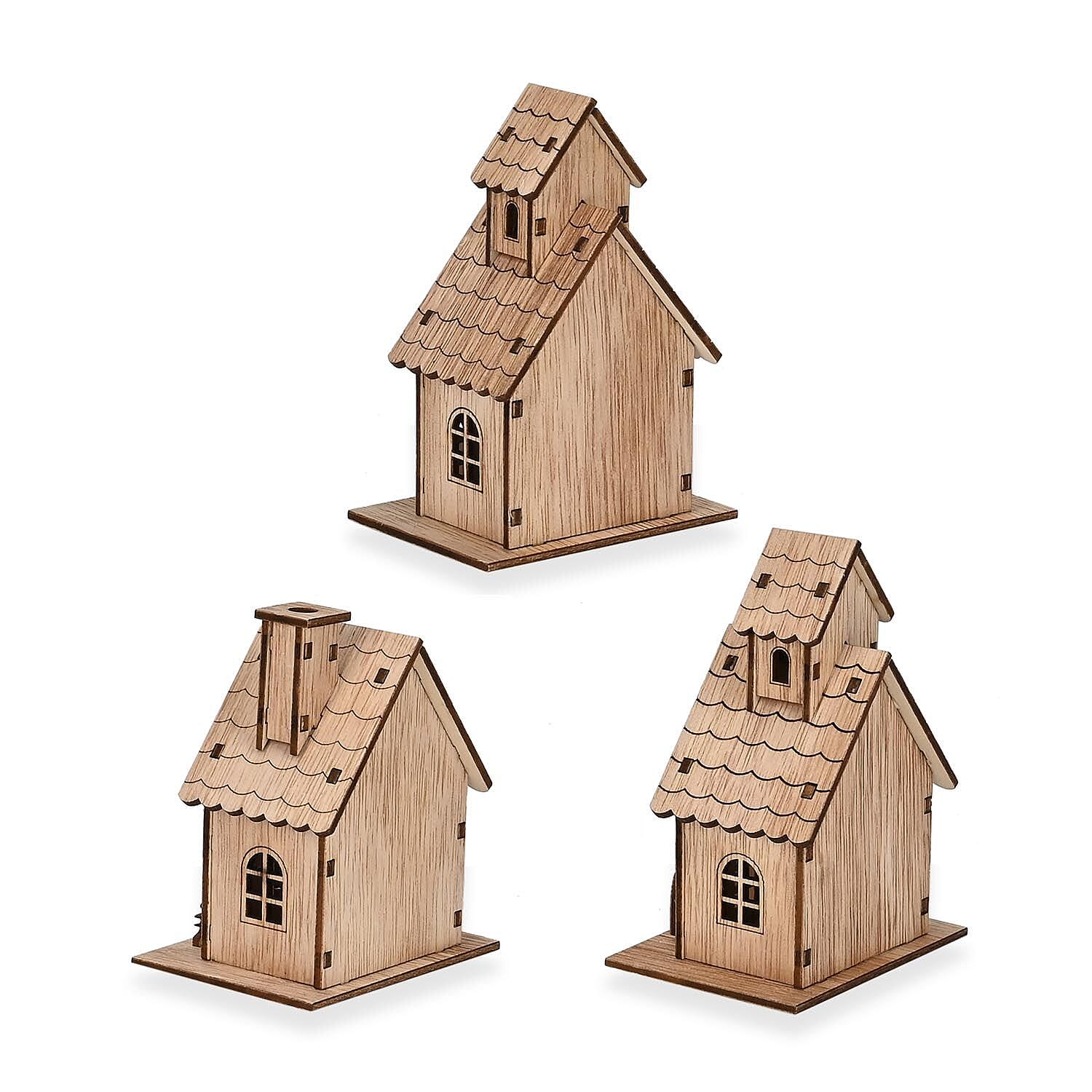 Set of 3 Wooden House with Warm White LED Light (Powered with CR2032 Battery) Set of 3 Wooden House with Warm White LED Light (Powered with CR2032 Battery)