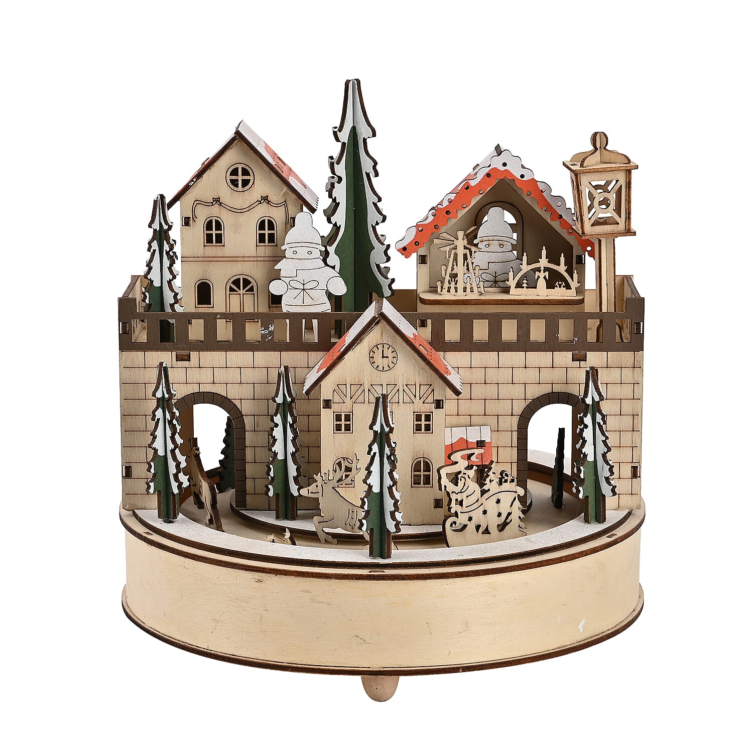 Rotating Plywood House with LED Light & Music (2 AA Battery, Not Incl. ) - Multi