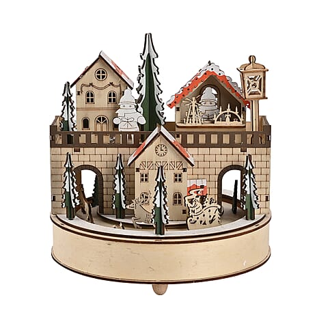 Rotating Plywood House with LED Light & Music (2 AA Battery, Not Incl. ) - Multi