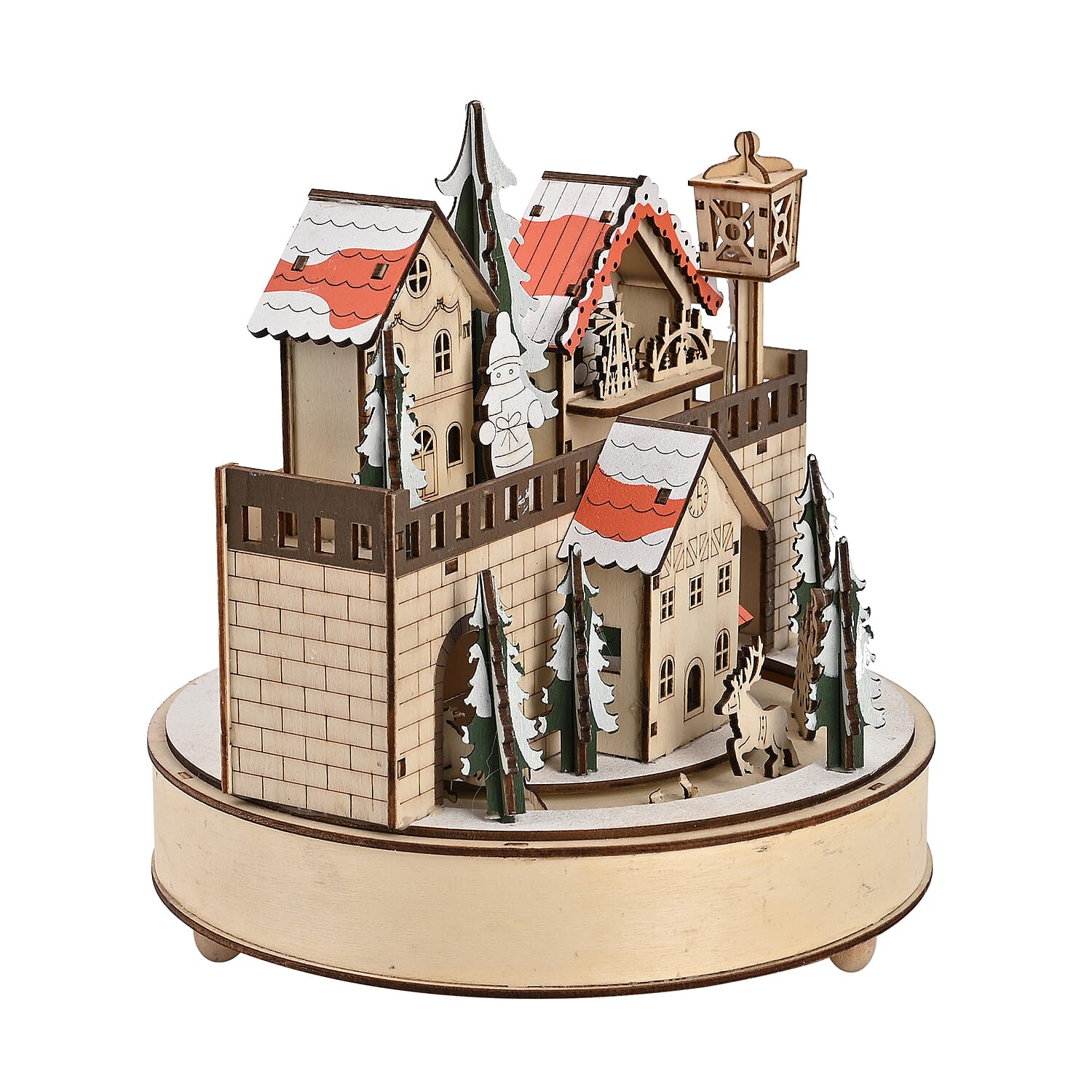 Rotating Plywood House with LED Light & Music (2 AA Battery, Not Incl. ) - Multi