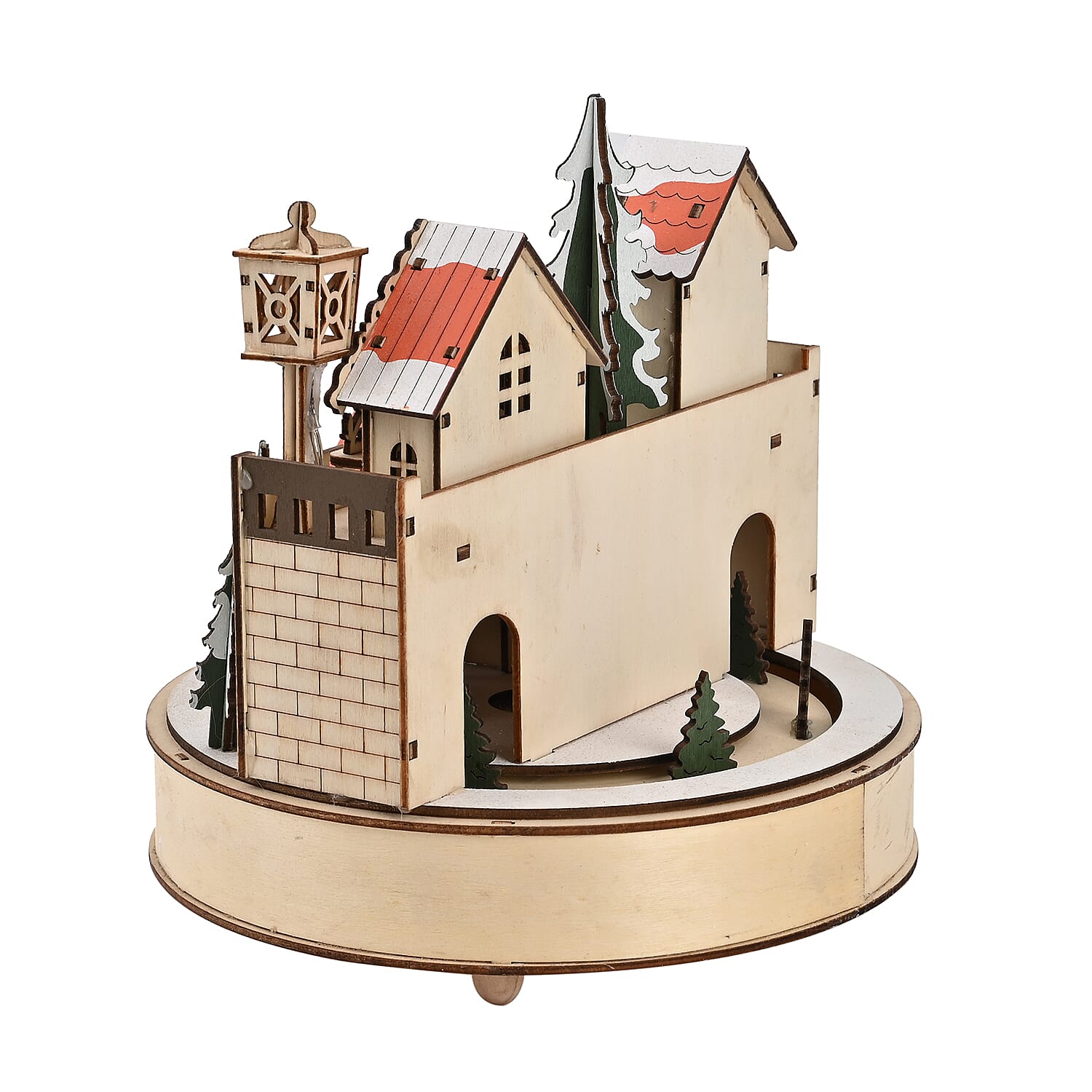 Rotating Plywood House with LED Light & Music (2 AA Battery, Not Incl. ) - Multi