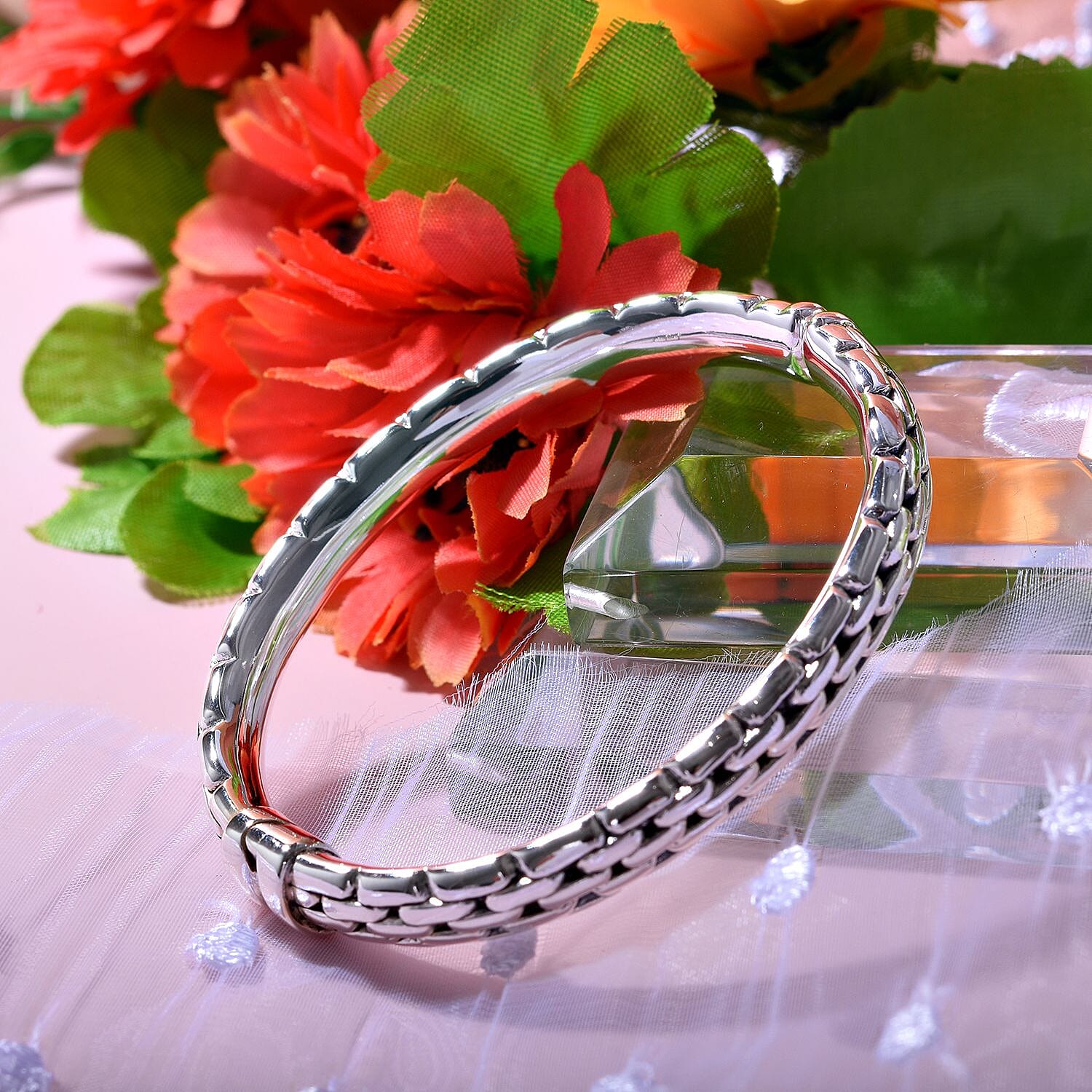 Royal Bali Collection - Bangle (Size-7.5) in Platinum Overlay Sterling Silver, Silver Wt 14.50 GM
