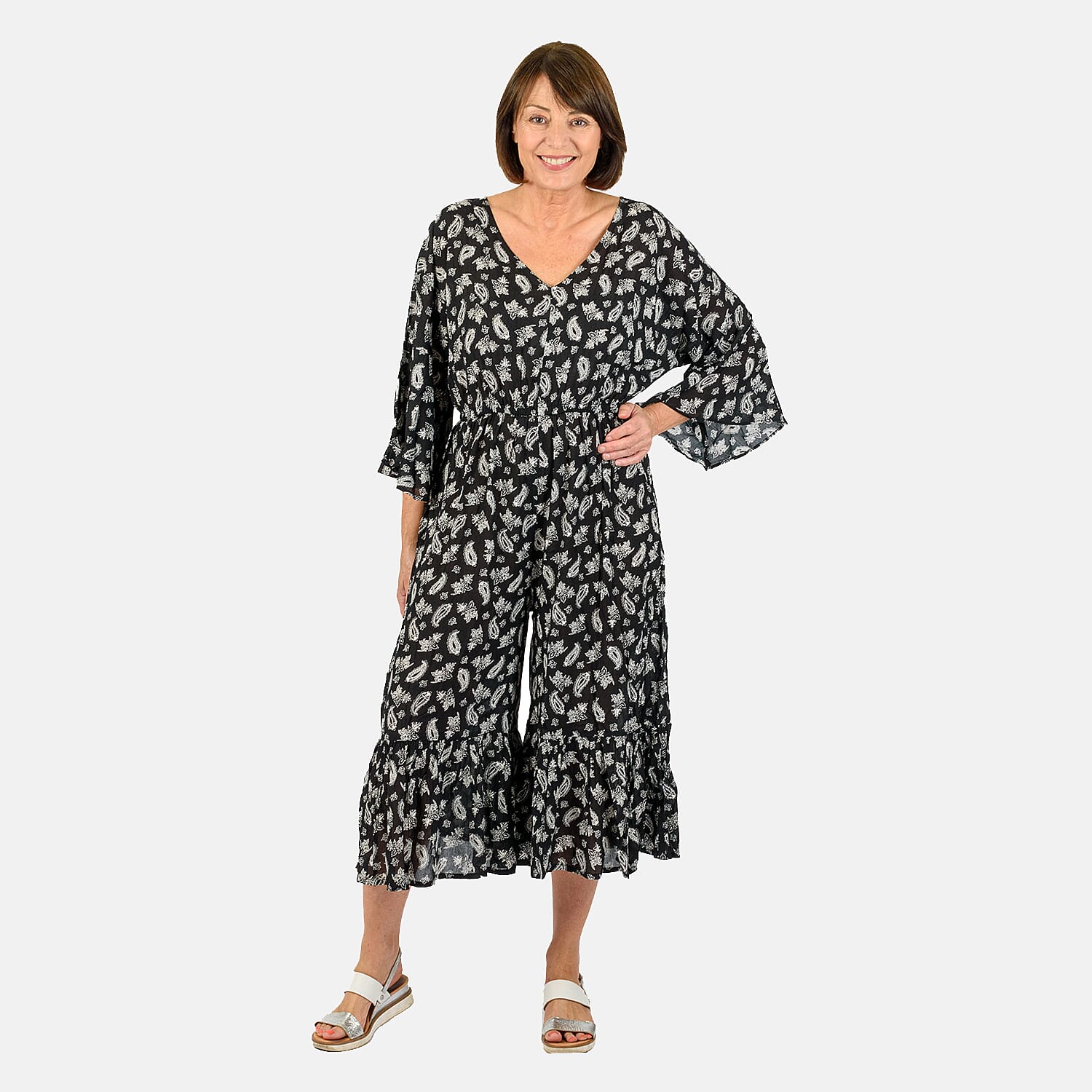 Tamsy 100% Viscose Printed Jumpsuit With Elastci Waist (Size L) - Black