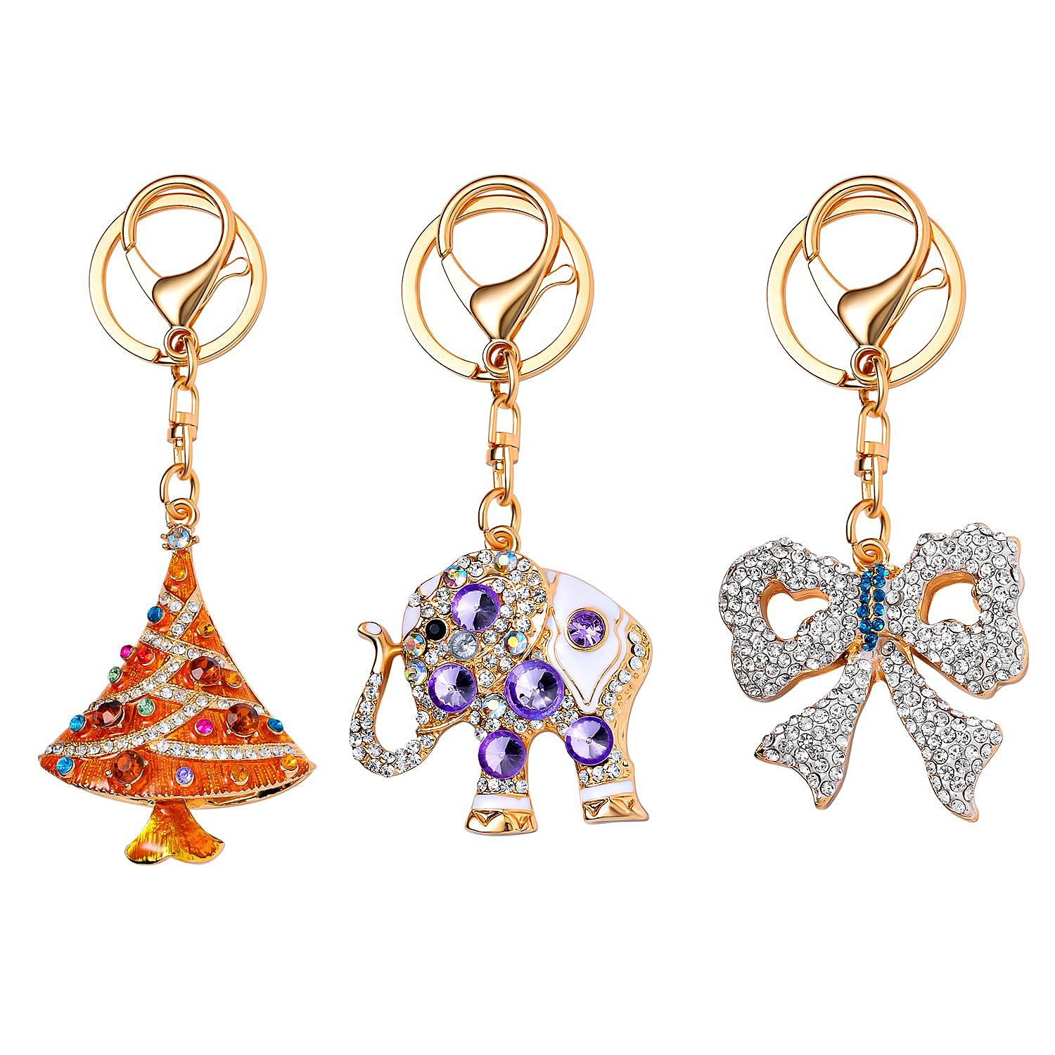 Set of 3 Sparkling Crystal Keychains With Different Designs (Bowknot, Christmas Tree, and Elephant) - Multi