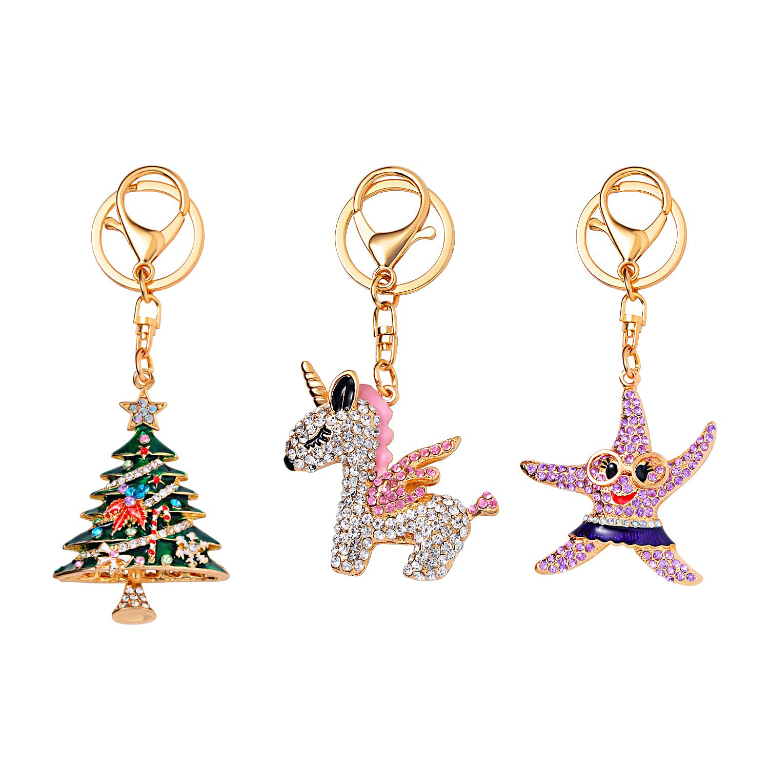 Value Bundle -  Set of 3 Sparkling Crystal Keychains With Different Designs (Unicorn, Christmas Tree, and Starfish) - Multi