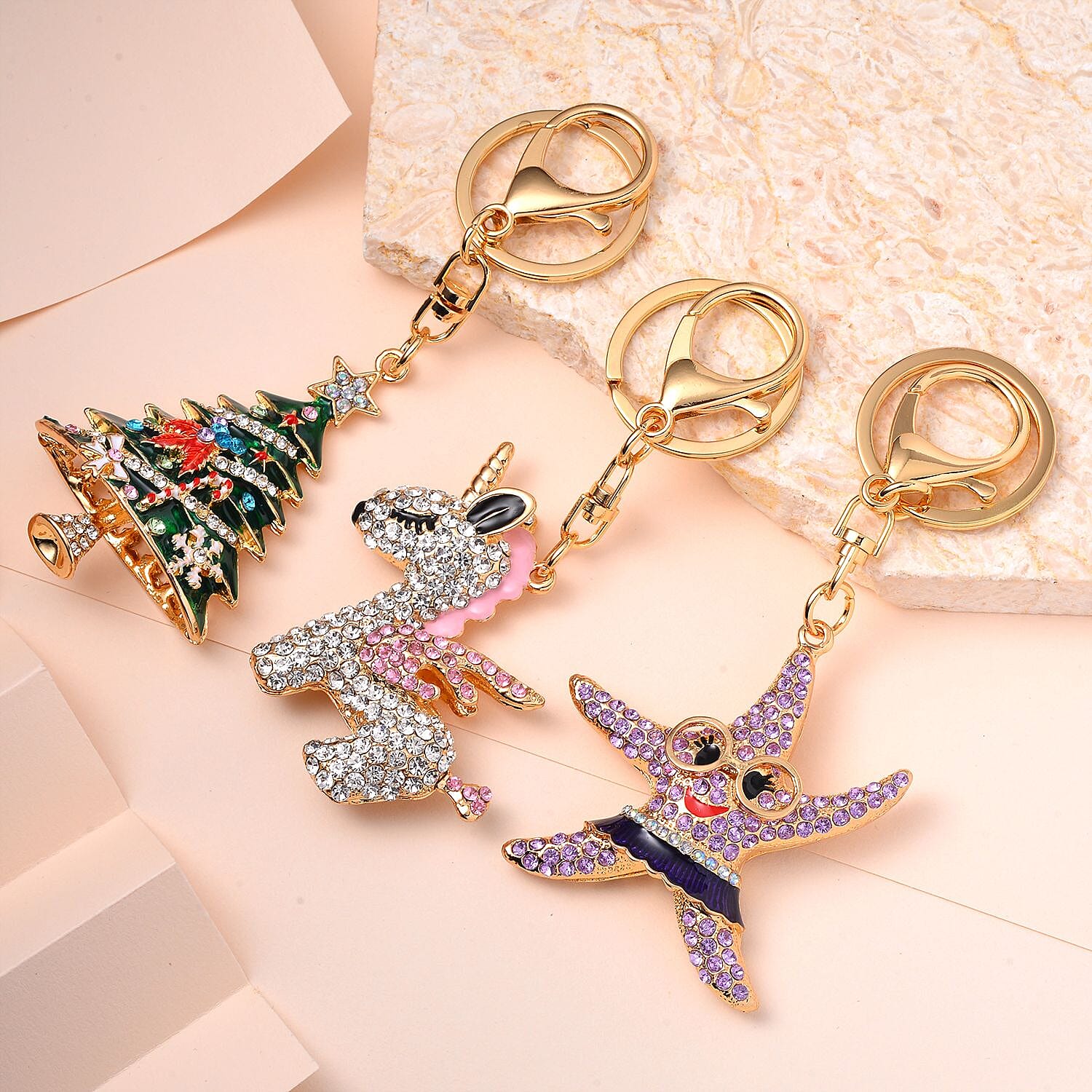 Value Bundle -  Set of 3 Sparkling Crystal Keychains With Different Designs (Unicorn, Christmas Tree, and Starfish) - Multi
