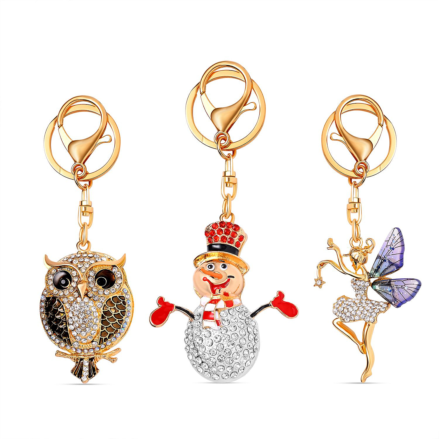 Set of 3 Sparkling Crystal Keychains With Different Designs (Snowman, Fairy, and Owl) - Multi