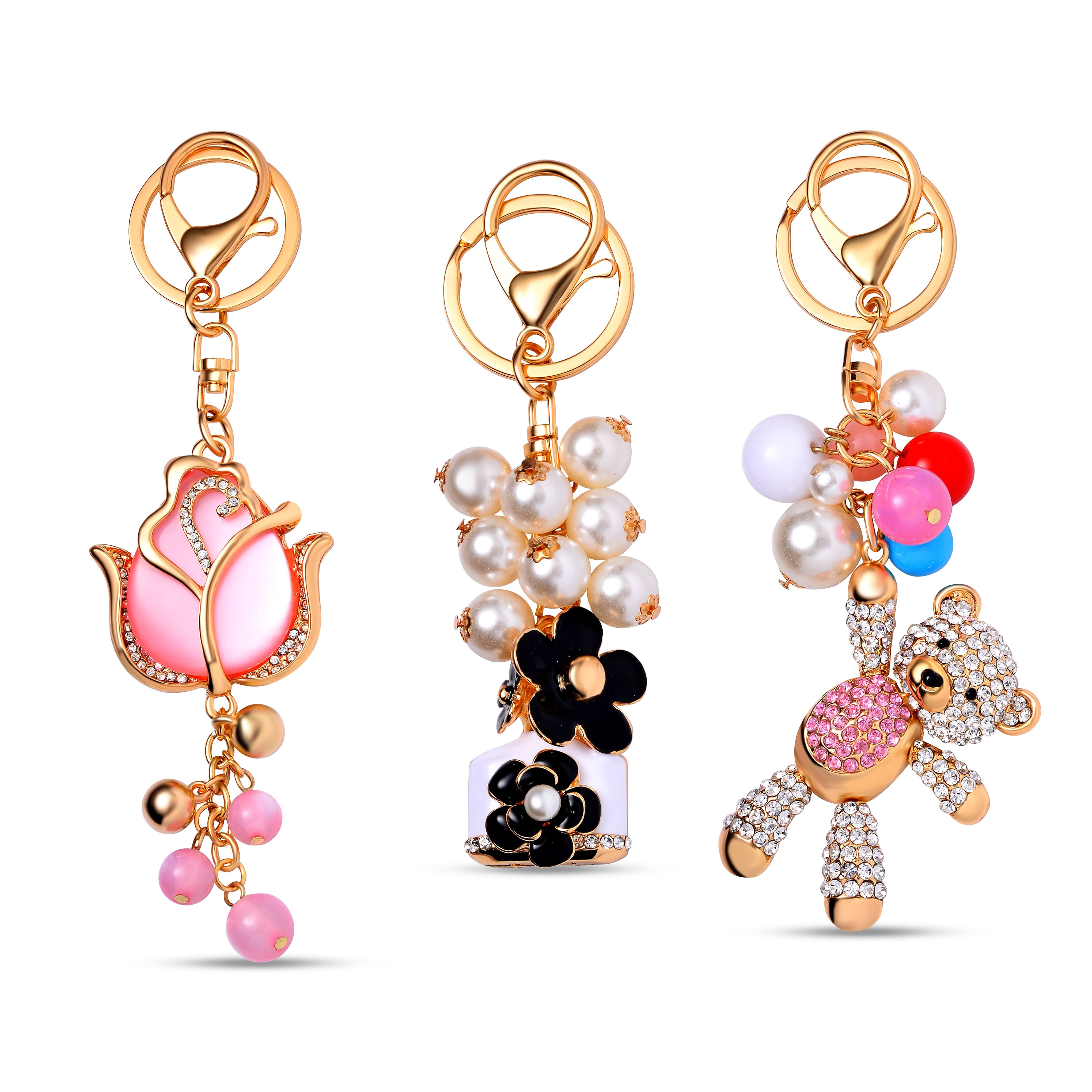 Set of 3 Sparkling Crystal Keychains With Different Desin (Flower, Rose and Bear) - Multi