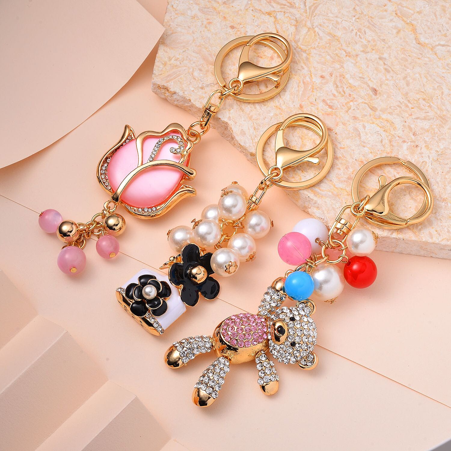 Set of 3 Sparkling Crystal Keychains With Different Desin (Flower, Rose and Bear) - Multi
