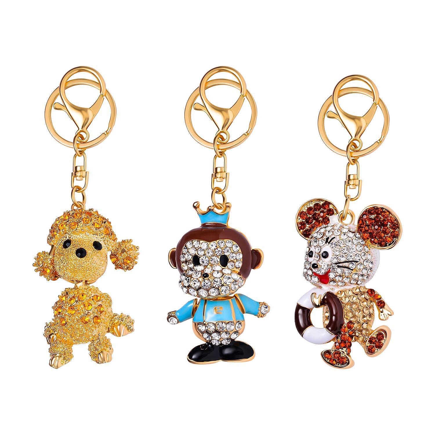 Set of 3 Keychains Decorated with Sparkling Rhinestones - (Monkey, Dog - Mouse)