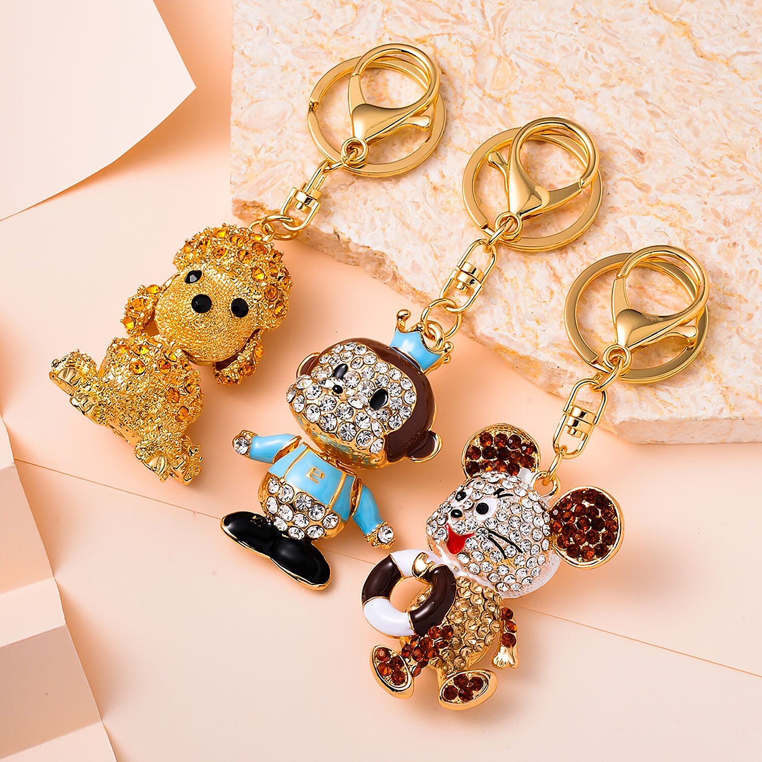 Set of 3 Keychains Decorated with Sparkling Rhinestones - (Monkey, Dog - Mouse)