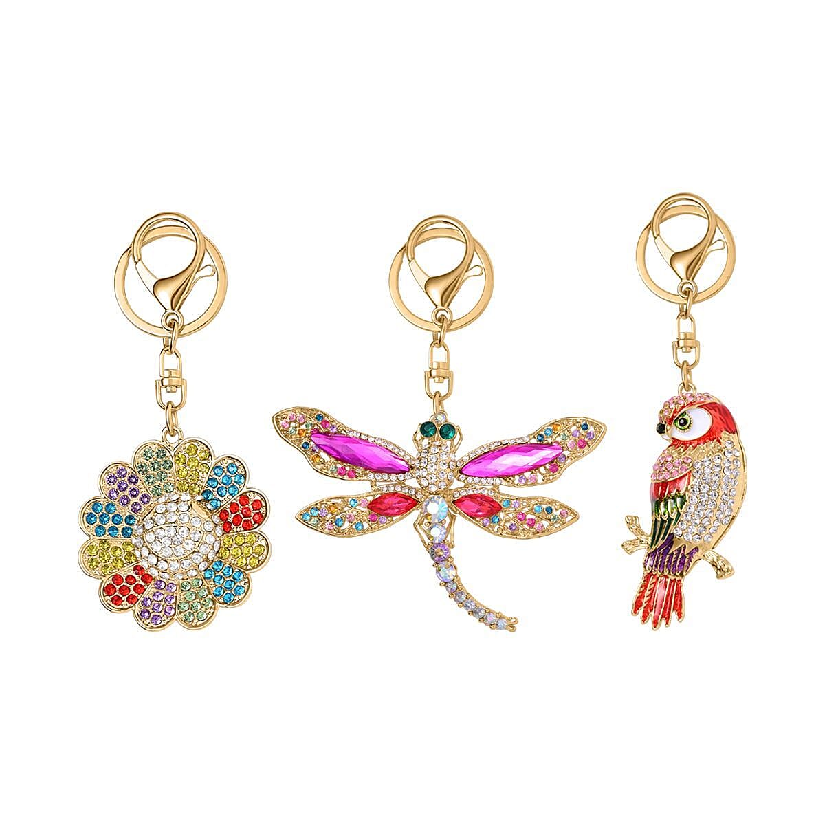 Set of 3 Keychains Decorated with Sparkling Rhinestones - (Sunflower, Owl, - Dragonfly)