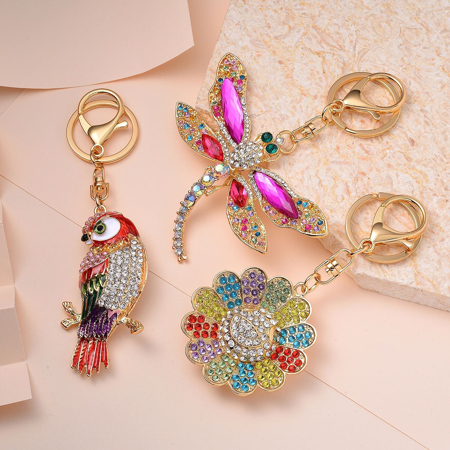 Set of 3 Keychains Decorated with Sparkling Rhinestones - (Sunflower, Owl, - Dragonfly)