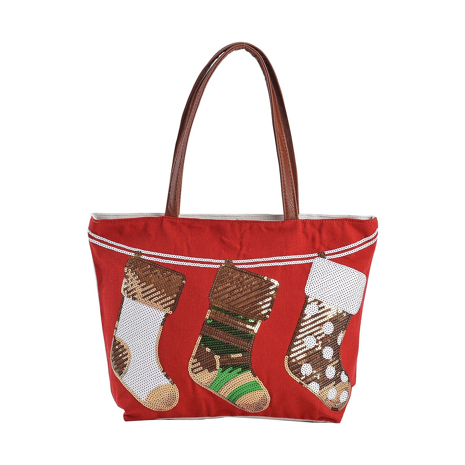 Christmas Collection - Socks Pattern Tote Bag with Exterior Zipped Pocket & Handle Drop - Red