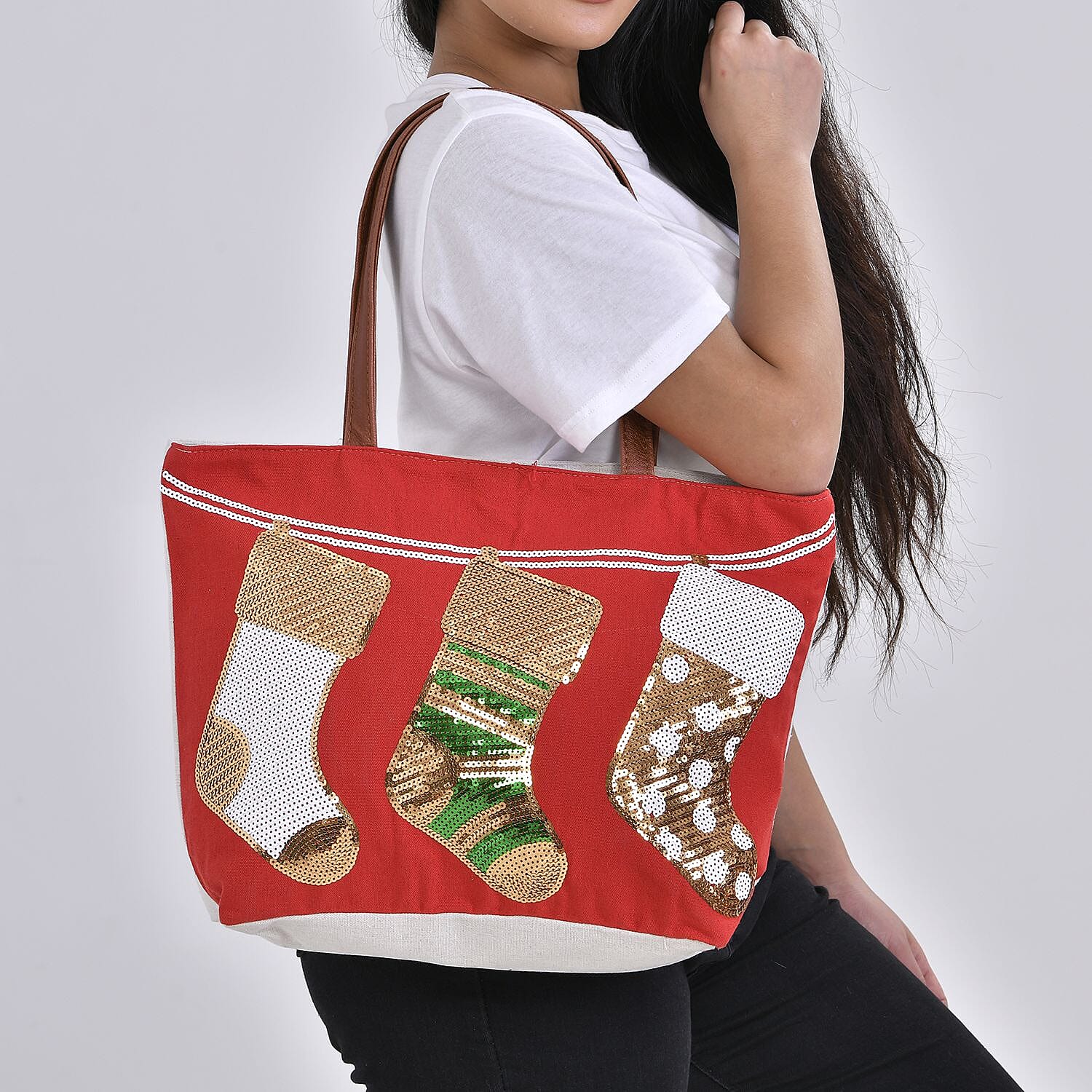 Christmas Collection - Socks Pattern Tote Bag with Exterior Zipped Pocket & Handle Drop - Red