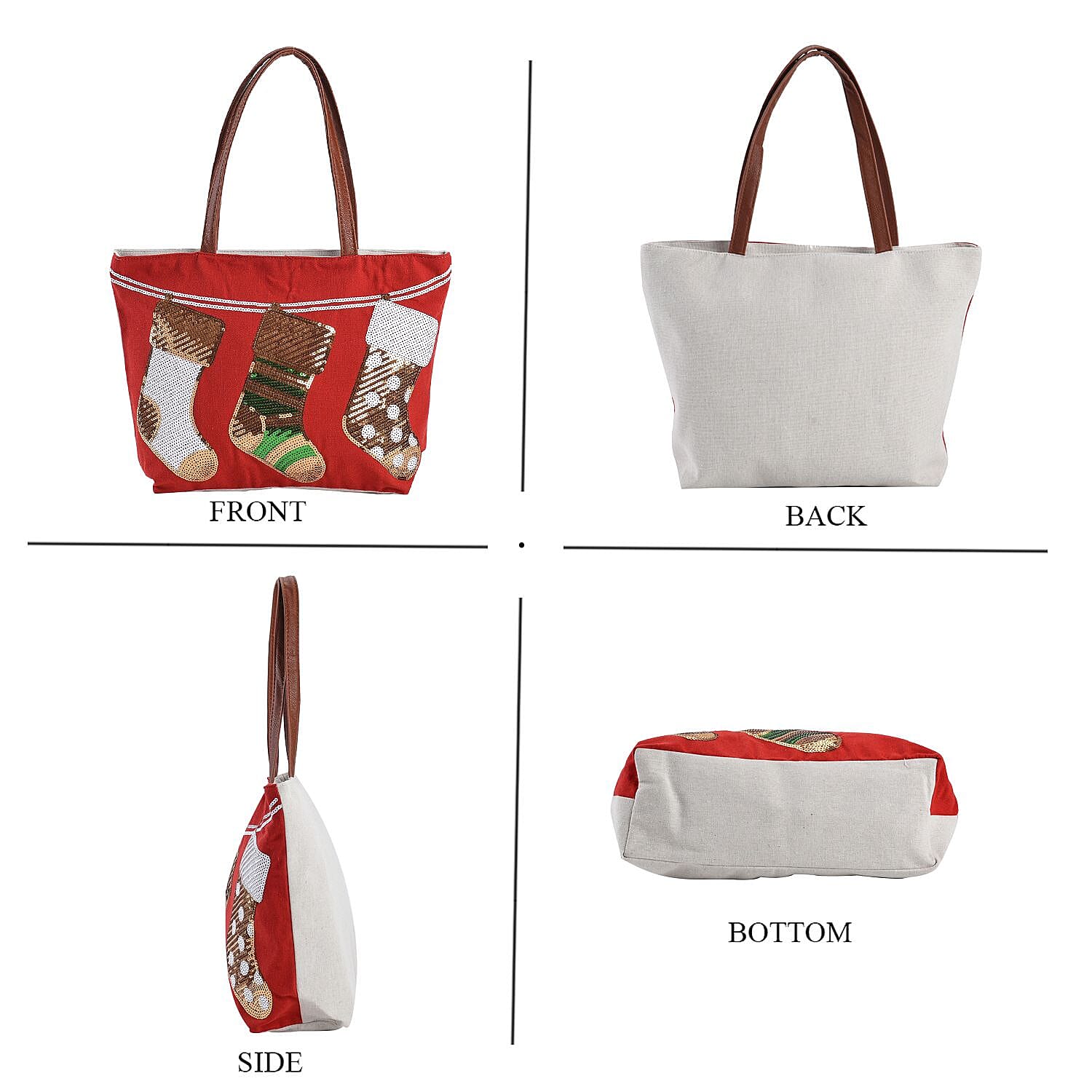 Christmas Collection - Socks Pattern Tote Bag with Exterior Zipped Pocket & Handle Drop - Red
