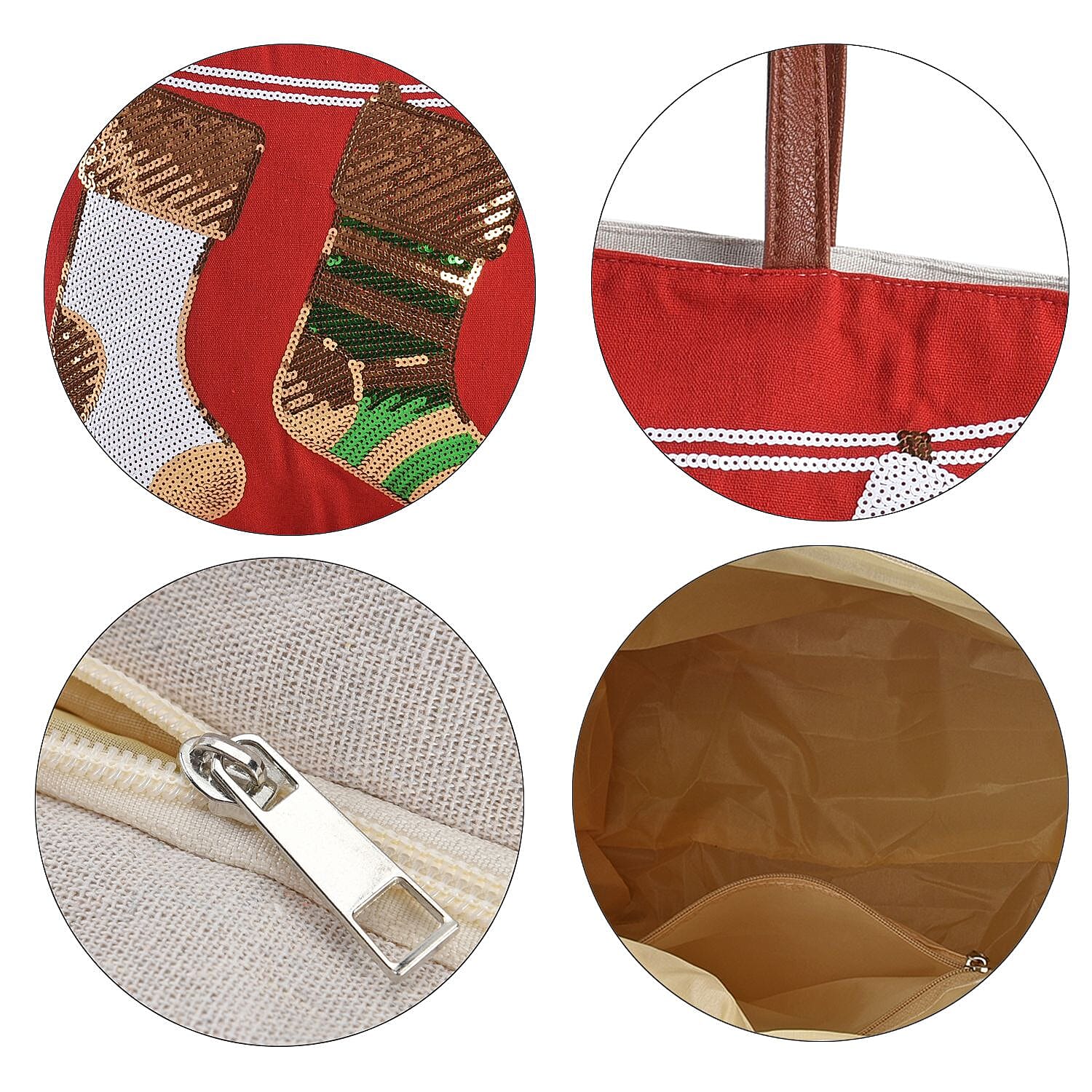 Christmas Collection - Socks Pattern Tote Bag with Exterior Zipped Pocket & Handle Drop - Red