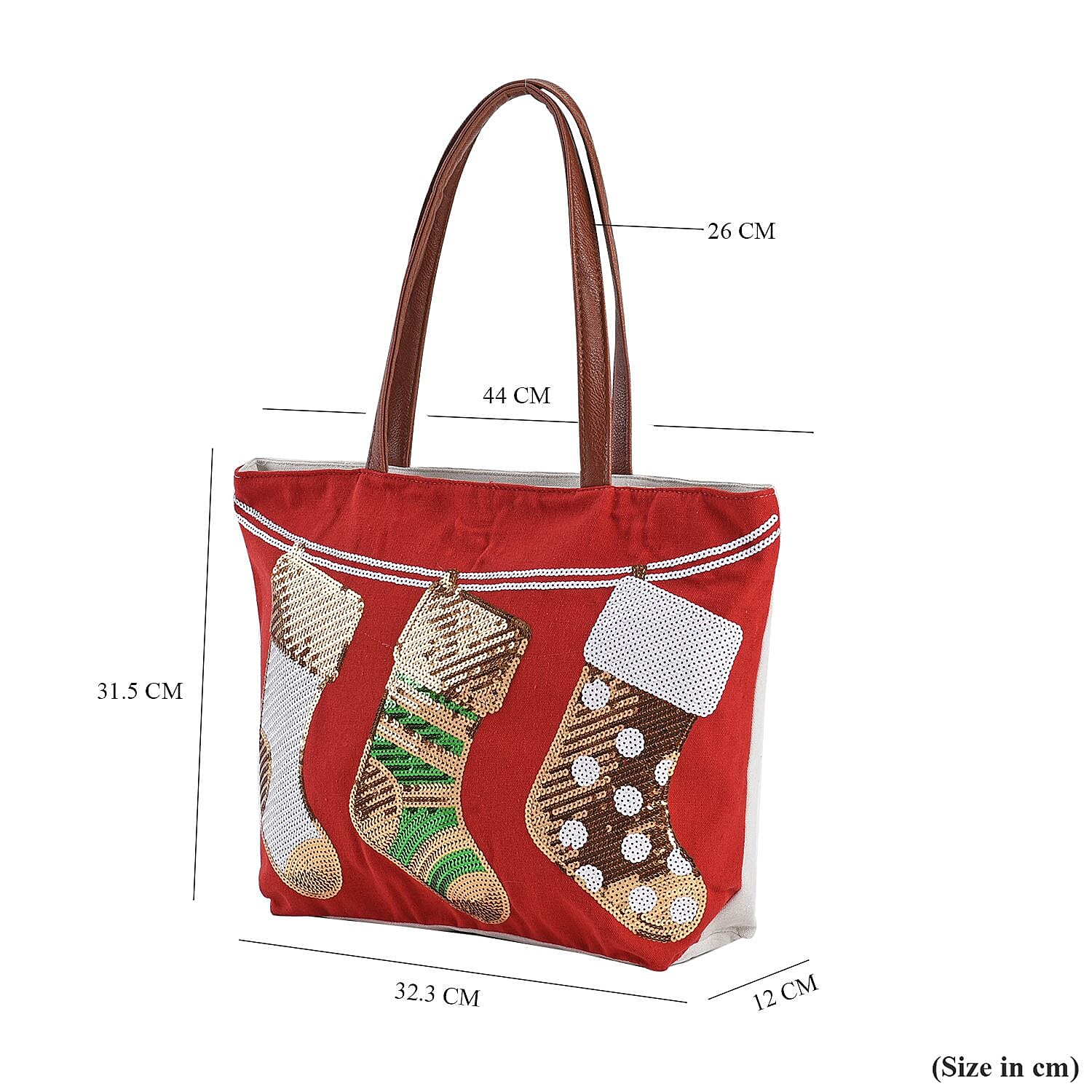 Christmas Collection - Socks Pattern Tote Bag with Exterior Zipped Pocket & Handle Drop - Red
