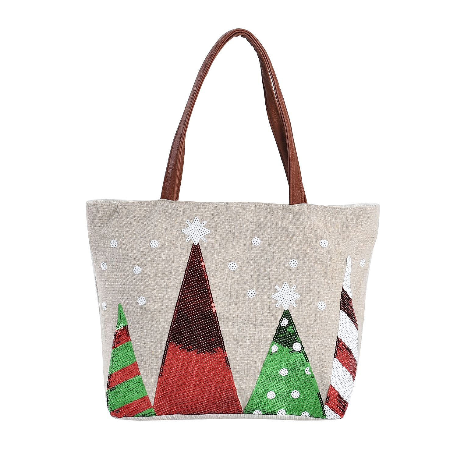 Christmas Collection - Christmas Tree Pattern Tote Bag with Exterior Zipped Pocket & Handle Drop - Khaki