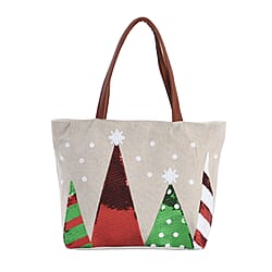 Christmas Collection - Christmas Tree Pattern Tote Bag with Exterior Zipped Pocket & Handle Drop - Khaki